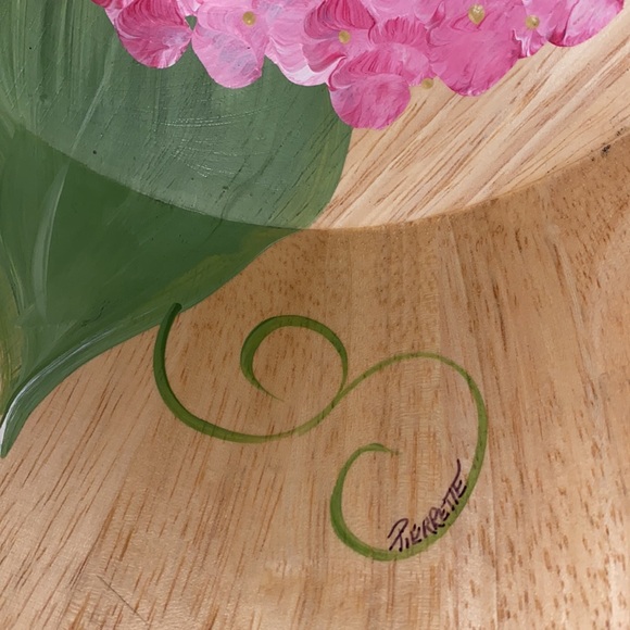 HP 🎉Pierrette Hand painted Hydrangea Green Leaf wooden bowl fork spoon server - Picture 6 of 14